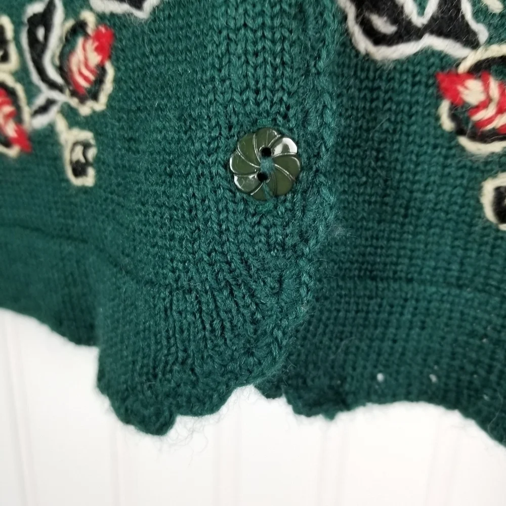 Vintage Womens Wool Cardigan Sweater Size Medium Office Siren Green Embroidered